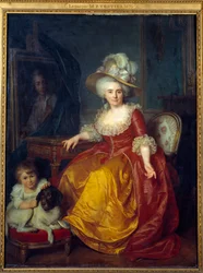 Portræt i foden af Madame Vestier (1740-1831) med et barn ved fødderne, der kniber øret på en hund. Maleri af Antoine Vestier (1740-1824) 1787 Søn. 1,76x1,34 m