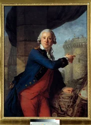 Portræt af Jean Henri Masers, ridder af Latude (1725-1805) Han peger på ødelæggelsen af fæstningen Bastillen, hvor han blev fængslet for et forsøg på at angribe Madame de Pompadour (Marquise de Pompadour). Maleri af Antoine Vestier (1740-1824) 1