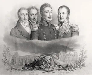 Den provisoriske regering af 29. juli 1830. L til R: Jacques Lafitte (1767-1844), Casimir Perier (1777-1832), General Lafayette (1757-1834) og Comte Etienne Maurice Gerard (1773-1852) 1831 (