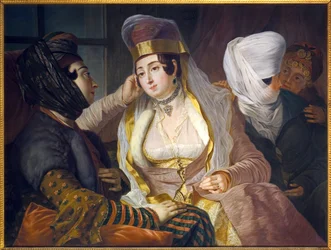 Levantinske damer i byhår. Maleri af Antoine de Favray (1706-1791), Olie på lærred