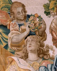 flamsk gobelin. Serien Story of Theseus. Bacchus tager Ariadne som sin kone (Baco toma a Ariadna por esposa). Niende gobelin i serien. Model Anthonis Sallaert. Fremstilling Jan Raes den yngre, Bruxelles. Ca 1630. ; Stof Silke og uld. Størrelse 392 x 45