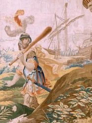 Flamsk tapestry. Seriehistorie om Theseus. Theseus opgiver Ariadne på øen Naxos (Teseo Abandona A Ariadna en la Isla de Naxos). Ottende tapestry i serien. Model Anthonis Sallaert. Fremstilling af Jan Raes den yngre, Bruxelles. CA 1630. Stof S