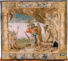 flamsk gobelin. Serien Story of Theseus. Theseus præsenterer Minotaurus hoved til Kongen og Dronningen af Kreta (Teseo presenta a los Reyes de Creta la cabeza del Minotauro). Syvende gobelin i serien. Model Anthonis Sallaert. Fremstilling Jan Raes