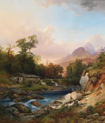 Et bjerglandskab med en smedje
