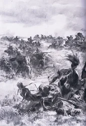 Nederlag til den 14. russiske kavaleribrigade ved Praszysz, fra The Illustrated History of the World War 1914-1915 pub. af Union Berlagsefellfchaft