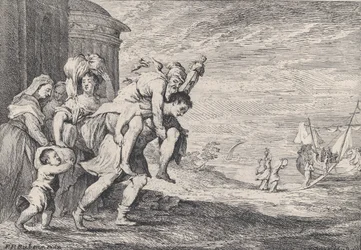 Aeneas flygter fra Troja, med en gruppe på seks figurer, der forlader byen til venstre, Aeneas bærer..., 1728.