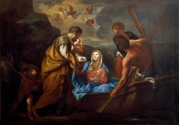 Flugten til Egypten Den hellige familie går om bord på en båd. Maleri af Anton Maria Piola (1654-1715) Collezione Banca Carige Genes