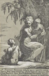 En kvinde, der står ved foden af et træ og holder et spædbarn, med en siddende dreng, 1724.