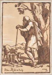 Ældre hyrde lænet op ad en stav, 1722.