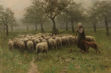 Hyrdinde med en flok får. Omkring 1870-88
