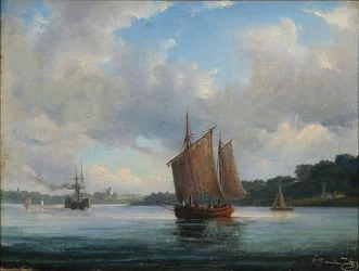 Fjordscene med fiskerbåde og en hjuldamper