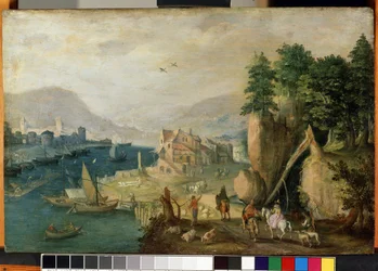 ""Landsby nær bjergene"" (En by i bjergene) Landskab i Flandern. Maleri af Antonie (Anton) Mirou (1586-cirka 1661) Mikalojus Konstantinas Ciurlionis Fine Arts Museum fra det 17. århundrede, Kaunas, Litauen