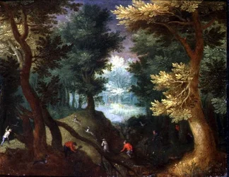 Woodland Scene with a Stag Hunt (olie på kobber)