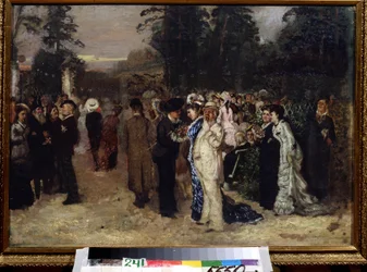 Offentlige festligheder i Sokolniki Park (Moskva) (Offentlig glæde i Sokolniki). Maleri af Nikolai Pavlovich Chekhov (1859-1889). Olie på lærred, russisk kunst. Statens centrale litterære museum, Moskva.