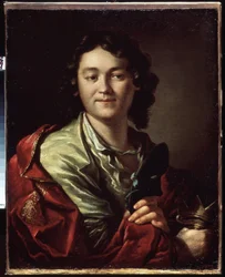 Portræt af komikeren Fedor (Fyodor) Volkov (omkring 1729-1763), grundlægger af det første russiske teater (Portræt af F. Volkov, grundlæggeren af ​​det første russiske teater). Maleri af Anton Pavlovich Losenko (1737-1773), olie på lærred