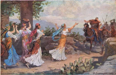 Jephthahs datter kommer ud for at møde sin far, fra Hulberts Story of the Bible udgivet af The John Winston Company, 1932