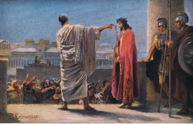 Jesus for Pilatus, fra Hulberts Bibelhistorie, udgivet af The John Winston Company, 1932