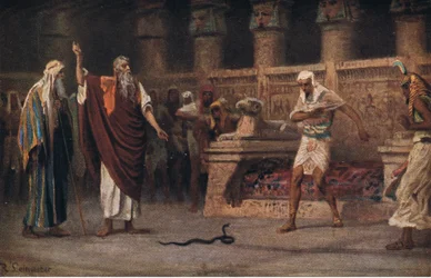 Moses og Aron foran farao, fra Hulberts Bibelhistorie, udgivet af The John Winston Company, 1932