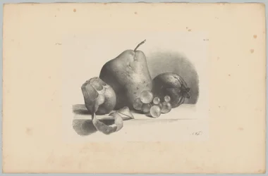 Pære, fersken, vindruer og skrællet citron Blomster- og frugtstudier (...) 3. afsnit (serietitel)
