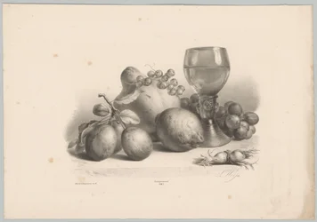 Stilleben med glas, blommer, citron, vindruer og hasselnødder Blomster- og frugtstudier (...) 10. afsnit (serietitel)