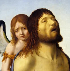 Detalje af “” The Dead Christ støttet af et engel ”” maleri af Antonello da Messina (1430-1479) 1476-1479 Sun. 0,74x0,51 M Madrid, Museum of Prado.