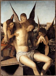 Pietà med tre engle. Den døde Kristus støttes af tre engle på hans grav. Maleri af Antonello di Antonio, kaldet Antonello da Messina (1430-1479), 1475. Mål 145 x 85 cm. Venedig, Museo Correr
