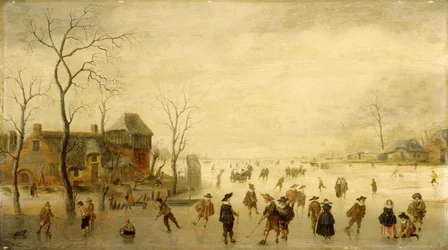 Vinterlandskab med skatere, golfspillere og bønder på frosne vandveje (olie på panel)