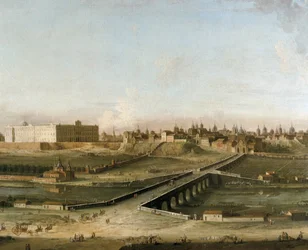 Udsigt over byen Madrid med det kongelige palads ca 1750 fra højre bred af Manzanares-floden, detaljer (olie på lærred)