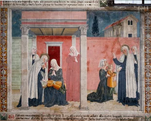 Sankt Francoise Romaines liv (santa Francesca romana) (1384-1440): "" helgenen opstår et udøbt barn, hvis mor ved et uheld var blevet kvalt i søvne""" Fresko af Antoniazzo Romano (1400-tallet) 1468 Rom, samfundets kloster af Oblat d
