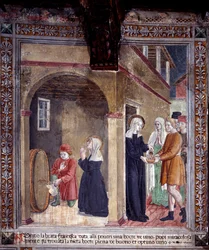 Life of St. Francesca Romana : En tønde vin brugt af helgenen til de fattige findes mirakuløst fyldt (Fresco