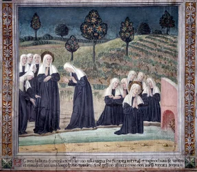 Livet af St. Francesca Romana: Da hun vendte tilbage fra St. Pauls Basilika, blev helgenen fanget i ekstase i en å, men rejste sig helt tør (Fresco