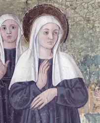 Life of St. Francesca Romana: Da hun vendte tilbage fra St. Pauls Basilica, blev helgenen fanget i ekstase, i en strøm, men rejste sig helt tør, detaljer (Fresco