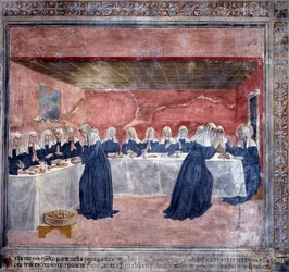 St. Francesca Romanas liv: En dag var der ikke brød nok til Fællesskabet, Francesca tog resterne op, velsignede dem, og der var rigeligt at brødføde de femten, der var tilbage (Fresco