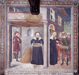 St. Francesca Romanas liv: under en alvorlig hungersnød i 1402 giver Francesca alt sit korn til de fattige (Fresco