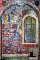 Repræsentation af helvede, djævelen sidder blandt de forskellige kredse af forbandelser (Fresco