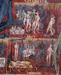 Djævelen i helvede, detalje i cirklen af begær og griskhed (Fresco