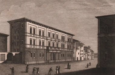 Udsigt over bispepaladset i Pistoia, Toscana, Italien, kobberstik af Antonio Morghen (1788-1853), ca. 13x9,5 cm