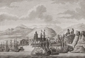 Hollannin laivasto Malagan edustalla Espanjassa 1784 tulistusta. (Tulosta)