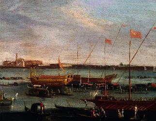 Bucentauren (statskabys for dogerne i Venedig) ved Lido i Venedig, olie på lærred, School of Canaletto, Italien