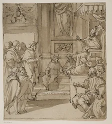 En kardinal af Barbarigo-familien modtaget i audiens af paven. Studer til en fresco i Villa Barbarigo, Noventa Vicentina