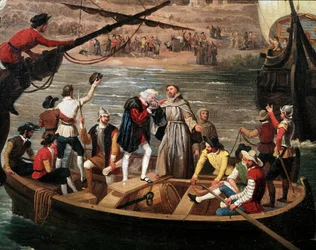Santa Marias, Pintas og Ninas afrejse fra Palos i 1492 - De tre karaveller tilhørende Christoffer Columbus (1451-1506) sejler fra Palos den 03/08/1492, detalje. Maleri af Antonio Cabral y Bejarano (1798-1861). Palos de la Frontera. Rabida