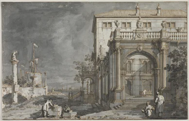 Capriccio: Et palads med en gårdhave ved lagunen, ca. 1750-1755.
