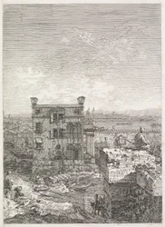 Udsigt: Et hus omgivet af seks søjler, 1735-1746.