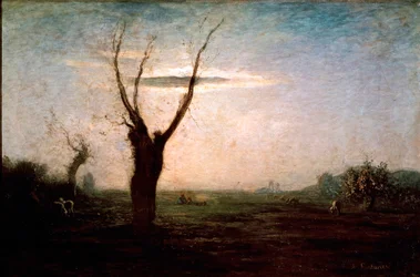 April Landskab af senvinter med et træ stadig uden blade. Maleri af Antonio Fontanesi (1812-1882)