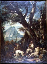 Landskab med eremitter, ca. 1700-10 (olie på lærred)