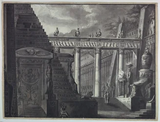 Scenedesign, gårdhave til et egyptisk tempel