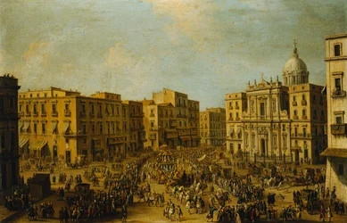 Largo San Ferdinando, Napoli, ved karnevalstid med den kongelige vogn, der nærmer sig Palazzo Reale,