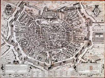 Bykort over Milano redigeret af Antonio Lafreri (Lafrery eller Lanfrerius) (1512-1577) i 1573. Dette er det ældste kort i byen. Milano, Milano Museum - Kort over Milano. Det ældste kort over byen i 1573, redigeret af Antonio Lafreri. Italien, Milanos museu