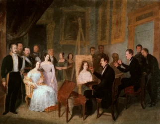 Dodge i sit atelier maler portrættet af dronning Isabella II af Spanien (1830-1904). Maleri af Antonio Maria Esquivel (1806-1857)