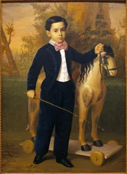 Portræt af en lille dreng med en træhest. Maleri af Antonio Maria Esquivel (1806-1857), Olie på lærred, ves 1851. Museum of Fine Arts i Sevilla, Spanien.